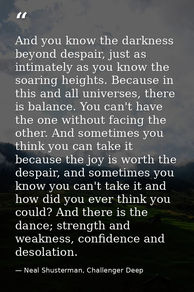 And you know the darkness beyond despair, just as intimately as you know the soaring heights. Because in this and all un — Neal Shusterman, Challenger Deep