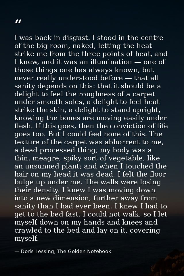 I was back in disgust. I stood in the centre of the big room, naked, letting the heat strike me from the three points of — Doris Lessing, The Golden Notebook