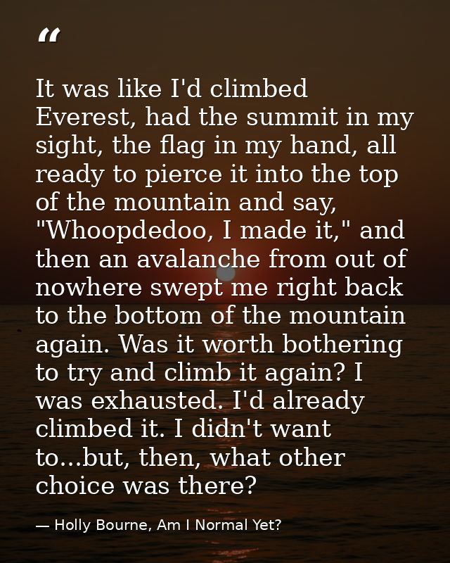 It was like I'd climbed Everest, had the summit in my sight, the flag in my hand, all ready to pierce it into the top of — Holly Bourne, Am I Normal Yet?
