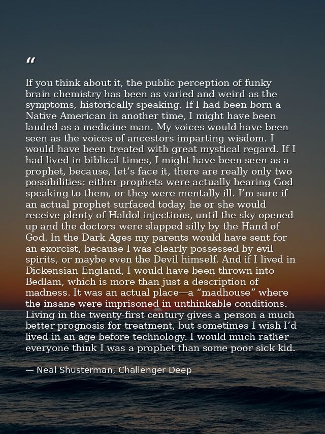 If you think about it, the public perception of funky brain chemistry has been as varied and weird as the symptoms, hist — Neal Shusterman, Challenger Deep