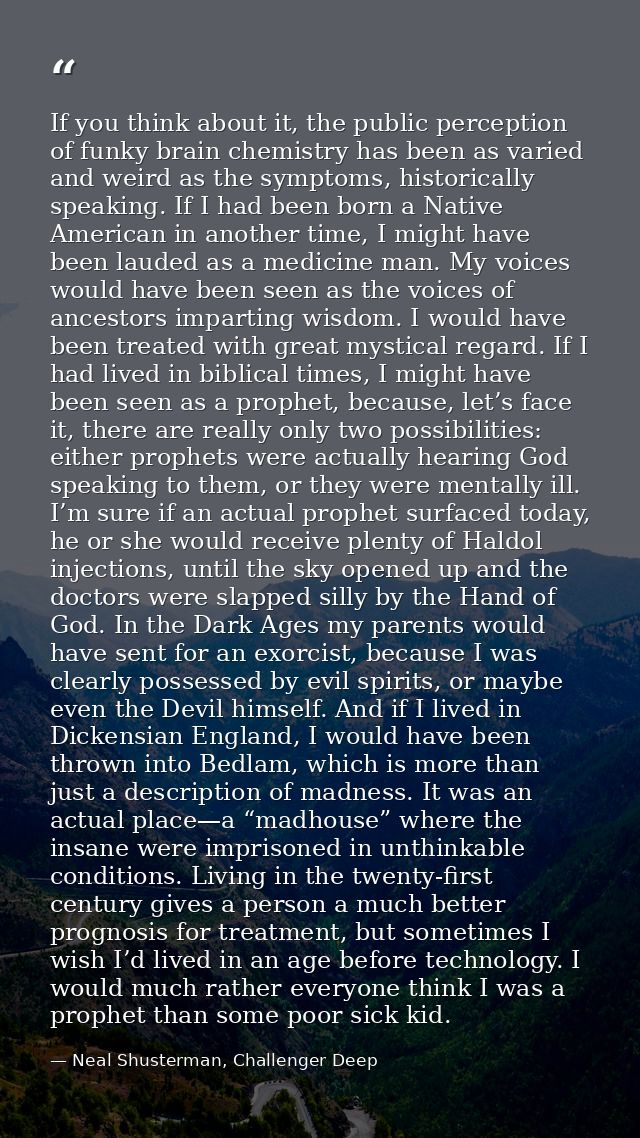 If you think about it, the public perception of funky brain chemistry has been as varied and weird as the symptoms, hist — Neal Shusterman, Challenger Deep