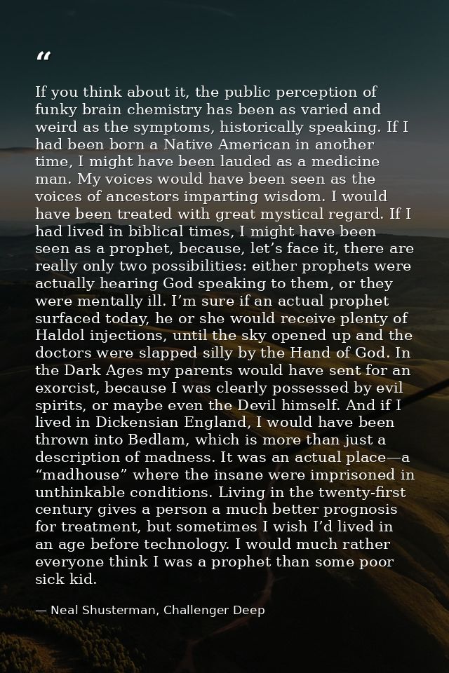 If you think about it, the public perception of funky brain chemistry has been as varied and weird as the symptoms, hist — Neal Shusterman, Challenger Deep