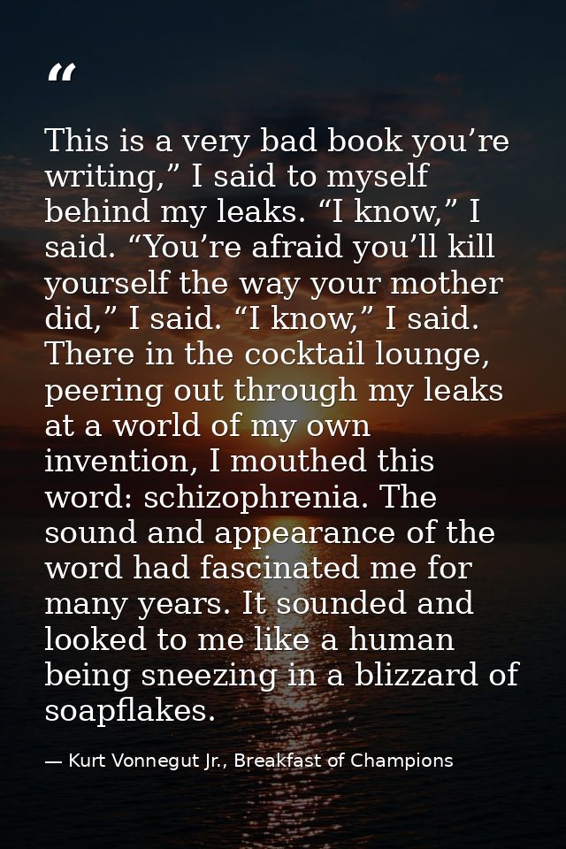 This is a very bad book you’re writing,” I said to myself behind my leaks. “I know,” I said. “You’re afraid you’ll kill  — Kurt Vonnegut Jr., Breakfast of Champions