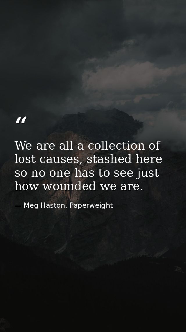 We are all a collection of lost causes, stashed here so no one has to see just how wounded we are. — Meg Haston, Paperweight