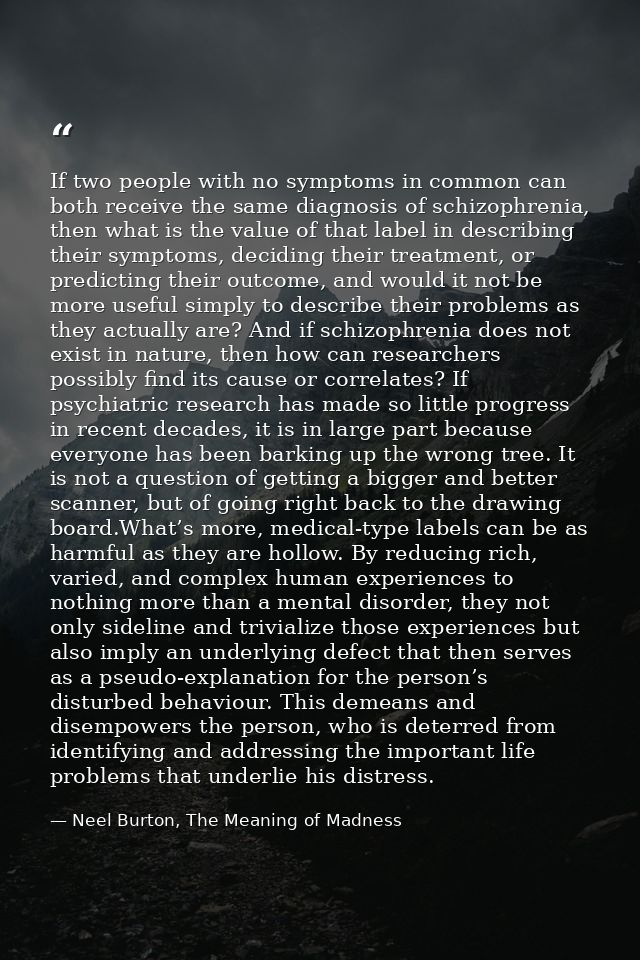 If two people with no symptoms in common can both receive the same diagnosis of schizophrenia, then what is the value of — Neel Burton, The Meaning of Madness