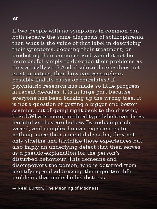 If two people with no symptoms in common can both receive the same diagnosis of schizophrenia, then what is the value of — Neel Burton, The Meaning of Madness