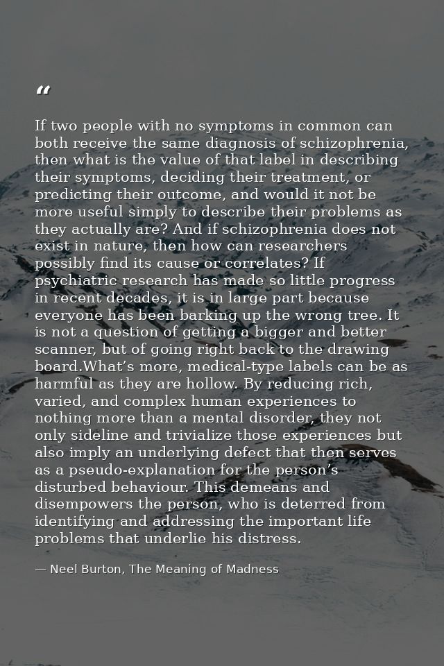 If two people with no symptoms in common can both receive the same diagnosis of schizophrenia, then what is the value of — Neel Burton, The Meaning of Madness