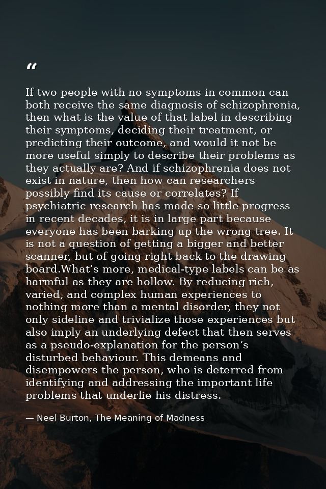 If two people with no symptoms in common can both receive the same diagnosis of schizophrenia, then what is the value of — Neel Burton, The Meaning of Madness