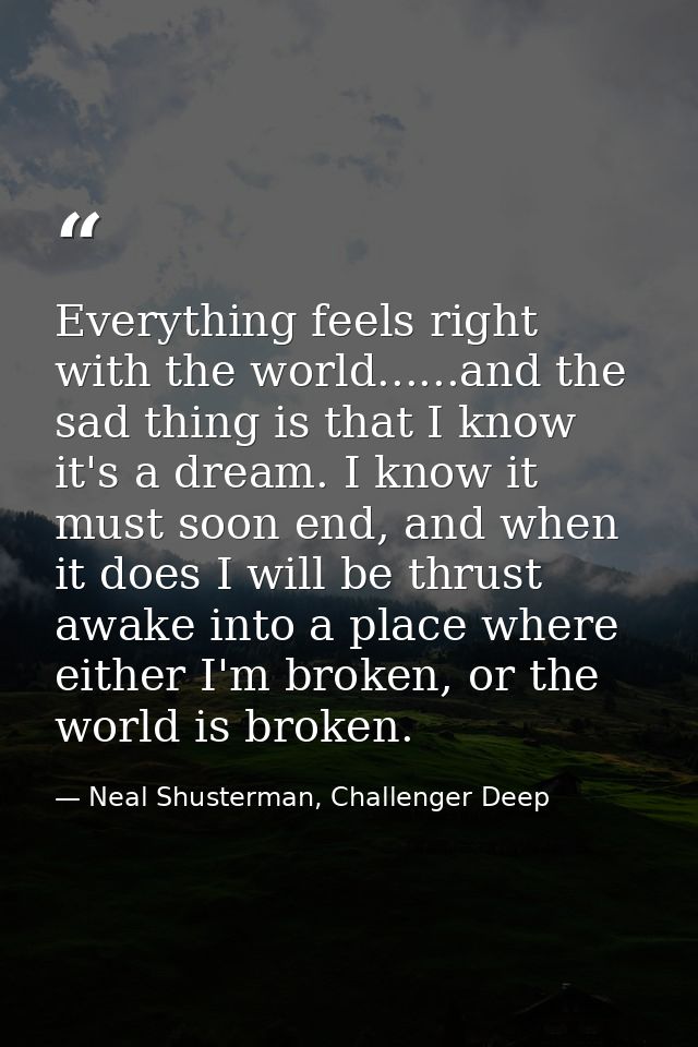 Everything feels right with the world......and the sad thing is that I know it's a dream. I know it must soon end, and w — Neal Shusterman, Challenger Deep