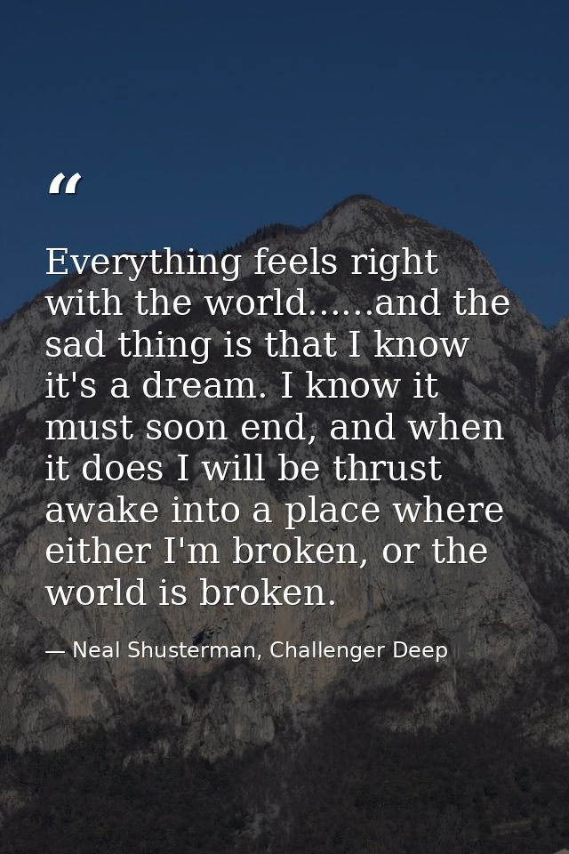 Everything feels right with the world......and the sad thing is that I know it's a dream. I know it must soon end, and w — Neal Shusterman, Challenger Deep
