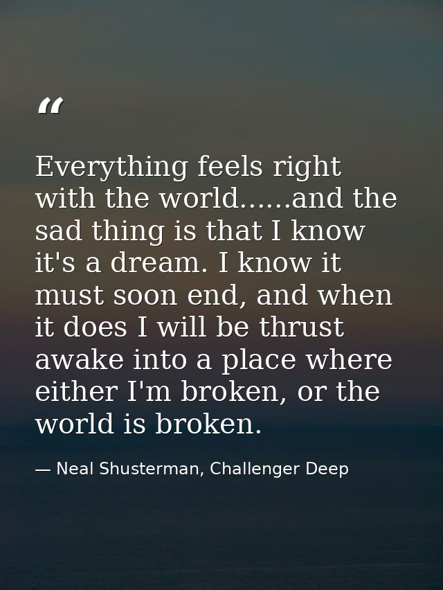 Everything feels right with the world......and the sad thing is that I know it's a dream. I know it must soon end, and w — Neal Shusterman, Challenger Deep