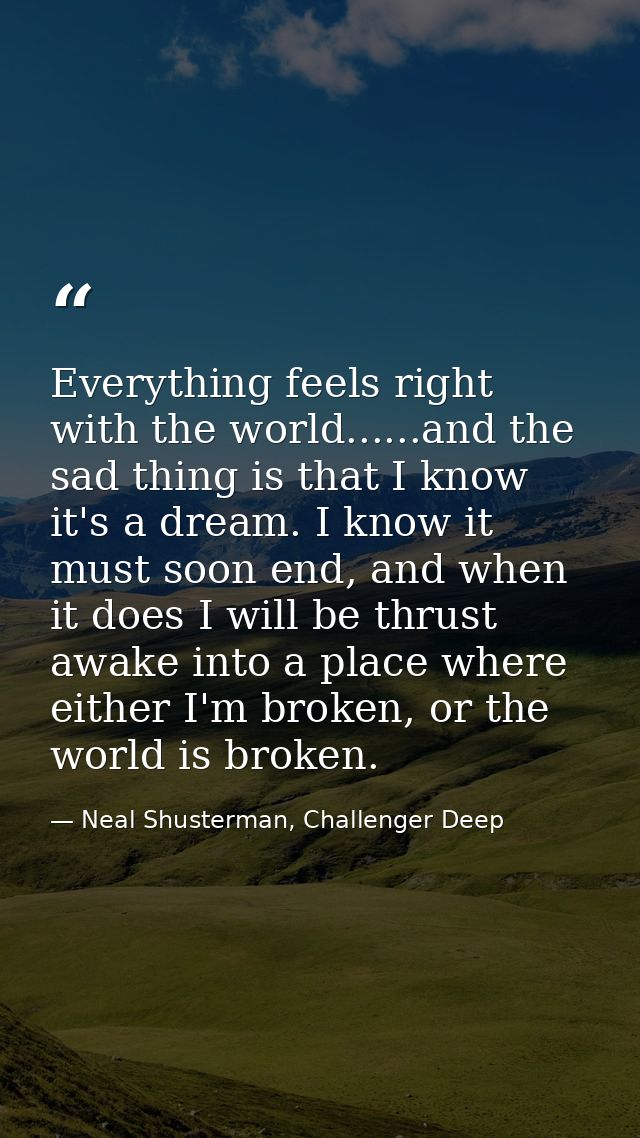Everything feels right with the world......and the sad thing is that I know it's a dream. I know it must soon end, and w — Neal Shusterman, Challenger Deep