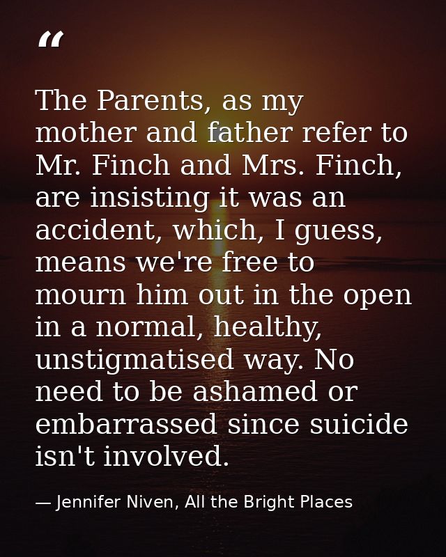 The Parents, as my mother and father refer to Mr. Finch and Mrs. Finch, are insisting it was an accident, which, I guess — Jennifer Niven, All the Bright Places