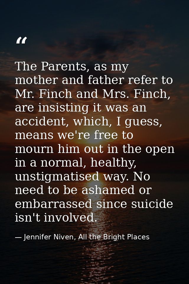 The Parents, as my mother and father refer to Mr. Finch and Mrs. Finch, are insisting it was an accident, which, I guess — Jennifer Niven, All the Bright Places