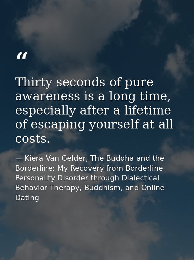 Thirty seconds of pure awareness is a long time, especially after a lifetime of escaping yourself at all costs. — Kiera Van Gelder, The Buddha and the Borderline: My Recovery from Borderline Personality Disorder through Dialectical Behavior Therapy, Buddhism, and Online Dating
