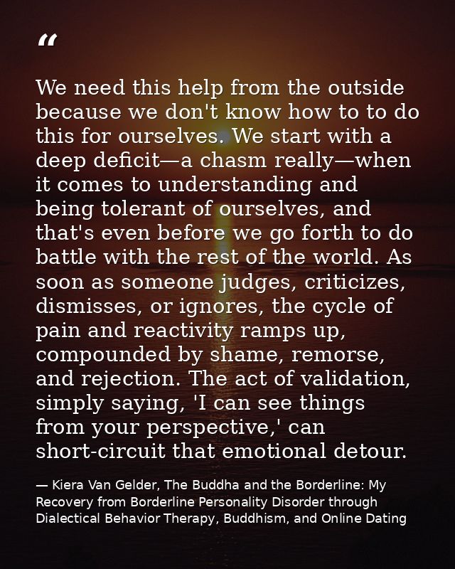 We need this help from the outside because we don't know how to to do this for ourselves. We start with a deep deficit—a — Kiera Van Gelder, The Buddha and the Borderline: My Recovery from Borderline Personality Disorder through Dialectical Behavior Therapy, Buddhism, and Online Dating