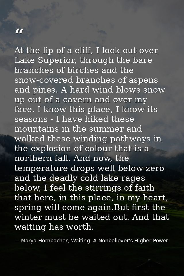 At the lip of a cliff, I look out over Lake Superior, through the bare branches of birches and the snow-covered branches — Marya Hornbacher, Waiting: A Nonbeliever's Higher Power