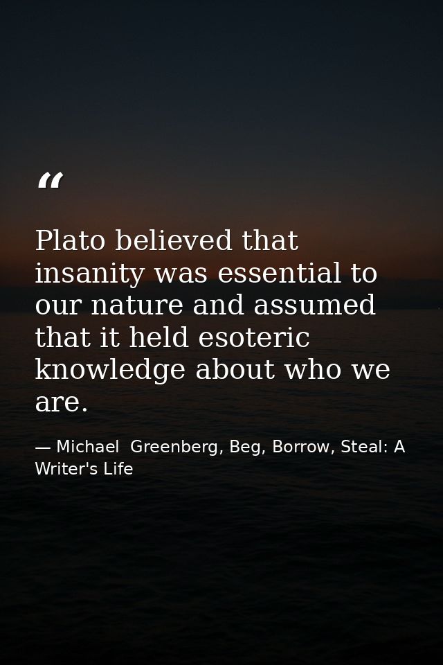 Plato believed that insanity was essential to our nature and assumed that it held esoteric knowledge about who we are. — Michael  Greenberg, Beg, Borrow, Steal: A Writer's Life