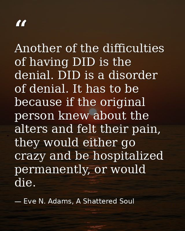 Another of the difficulties of having DID is the denial. DID is a disorder of denial. It has to be because if the origin — Eve N. Adams, A Shattered Soul