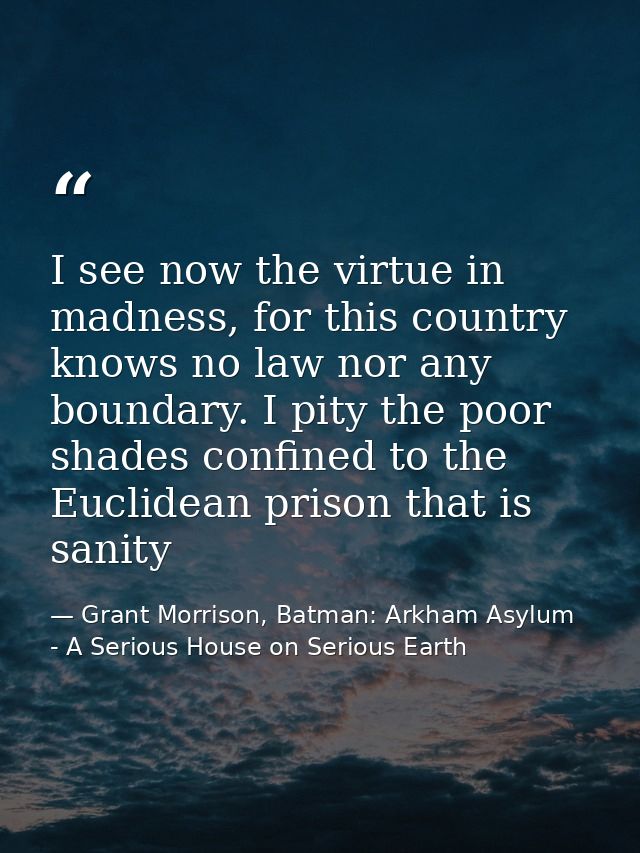 I see now the virtue in madness, for this country knows no law nor any boundary. I pity the poor shades confined to the  — Grant Morrison, Batman: Arkham Asylum - A Serious House on Serious Earth