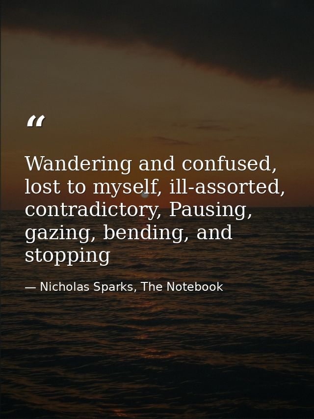 Wandering and confused, lost to myself, ill-assorted, contradictory, Pausing, gazing, bending, and stopping — Nicholas Sparks, The Notebook