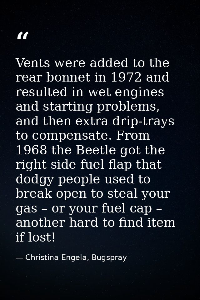 Vents were added to the rear bonnet in 1972 and resulted in wet engines and starting problems, and then extra drip-trays — Christina Engela, Bugspray