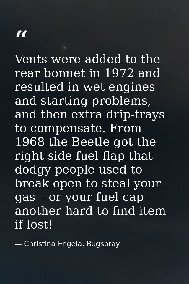 Vents were added to the rear bonnet in 1972 and resulted in wet engines and starting problems, and then extra drip-trays — Christina Engela, Bugspray