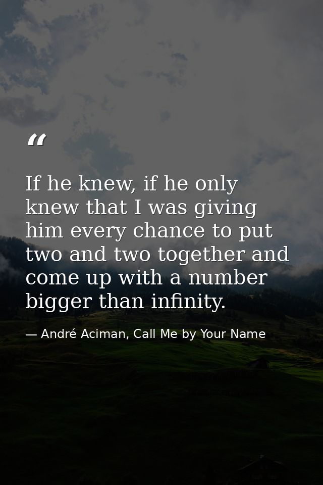 If he knew, if he only knew that I was giving him every chance to put two and two together and come up with a number big — André Aciman, Call Me by Your Name