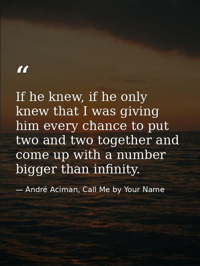 If he knew, if he only knew that I was giving him every chance to put two and two together and come up with a number big — André Aciman, Call Me by Your Name