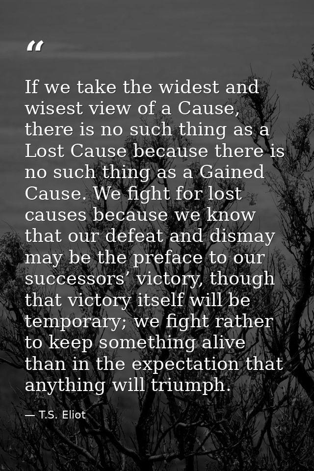 If we take the widest and wisest view of a Cause, there is no such thing as a Lost Cause because there is no such thing  — T.S. Eliot