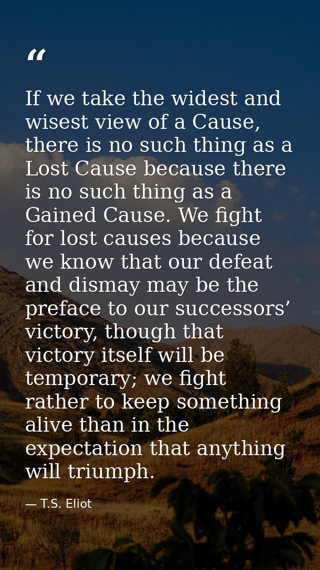 If we take the widest and wisest view of a Cause, there is no such thing as a Lost Cause because there is no such thing  — T.S. Eliot