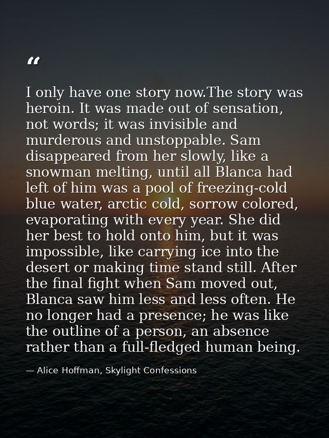 I only have one story now.The story was heroin. It was made out of sensation, not words; it was invisible and murderous  — Alice Hoffman, Skylight Confessions