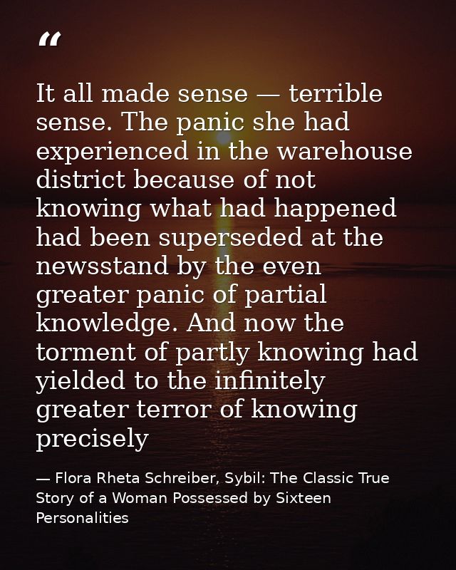 It all made sense — terrible sense. The panic she had experienced in the warehouse district because of not knowing what  — Flora Rheta Schreiber, Sybil: The Classic True Story of a Woman Possessed by Sixteen Personalities