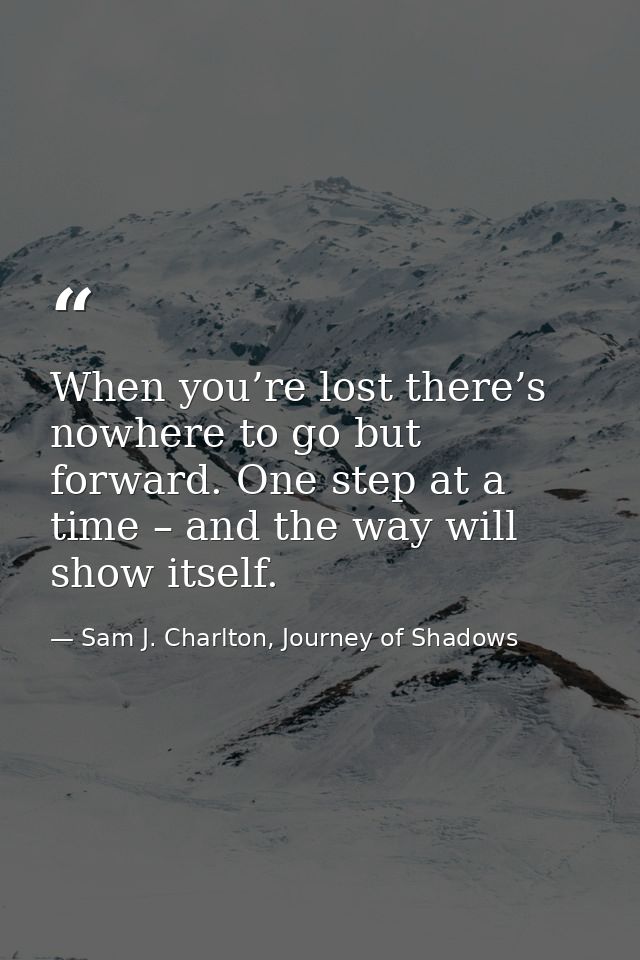 When you’re lost there’s nowhere to go but forward. One step at a time – and the way will show itself. — Sam J. Charlton, Journey of Shadows