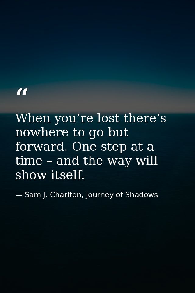 When you’re lost there’s nowhere to go but forward. One step at a time – and the way will show itself. — Sam J. Charlton, Journey of Shadows