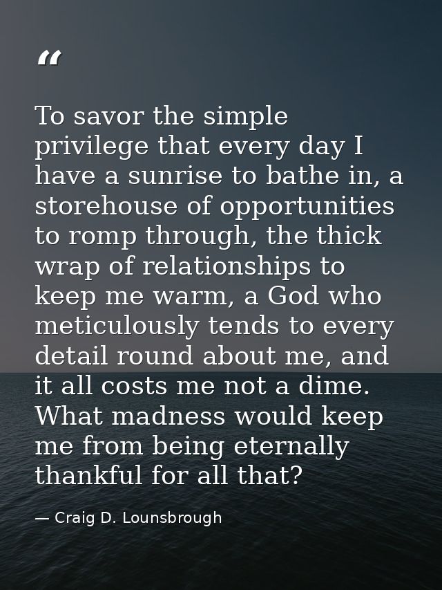 To savor the simple privilege that every day I have a sunrise to bathe in, a storehouse of opportunities to romp through — Craig D. Lounsbrough