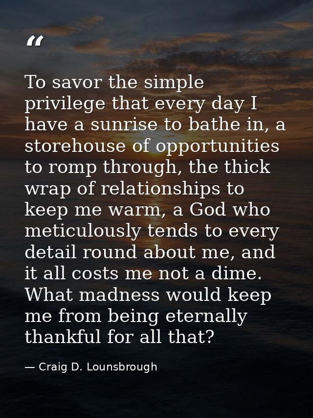 To savor the simple privilege that every day I have a sunrise to bathe in, a storehouse of opportunities to romp through — Craig D. Lounsbrough