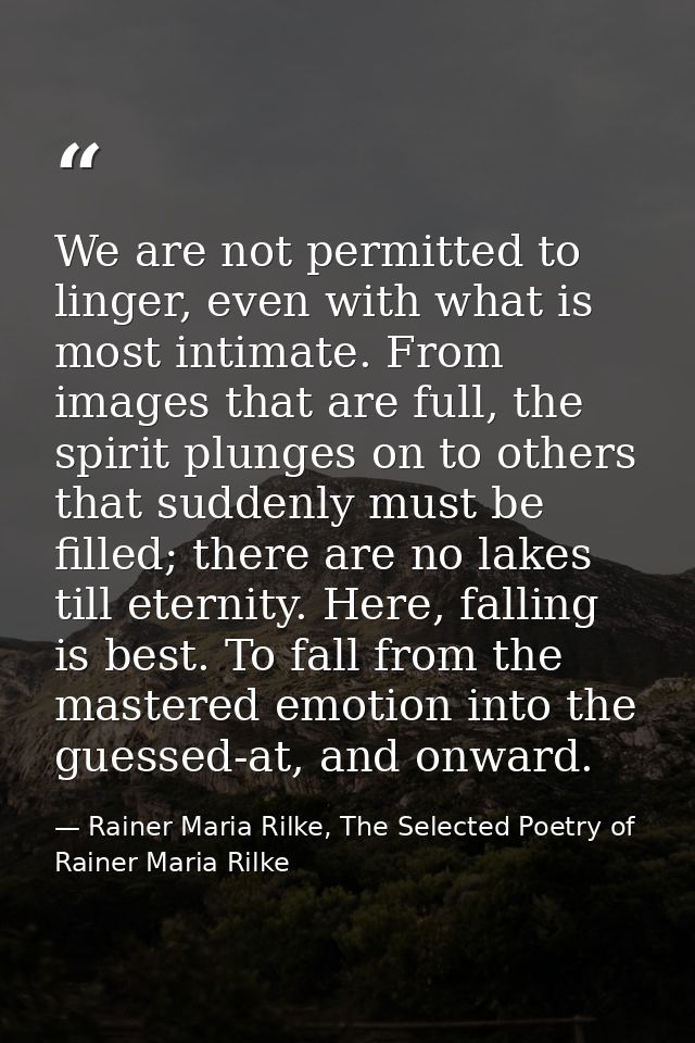 We are not permitted to linger, even with what is most intimate. From images that are full, the spirit plunges on to oth — Rainer Maria Rilke, The Selected Poetry of Rainer Maria Rilke