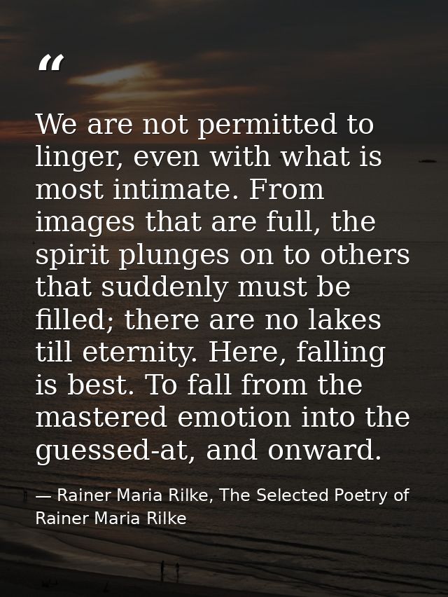 We are not permitted to linger, even with what is most intimate. From images that are full, the spirit plunges on to oth — Rainer Maria Rilke, The Selected Poetry of Rainer Maria Rilke