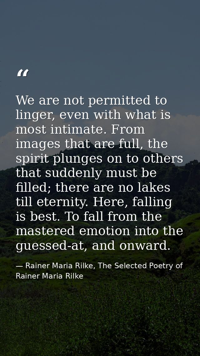 We are not permitted to linger, even with what is most intimate. From images that are full, the spirit plunges on to oth — Rainer Maria Rilke, The Selected Poetry of Rainer Maria Rilke