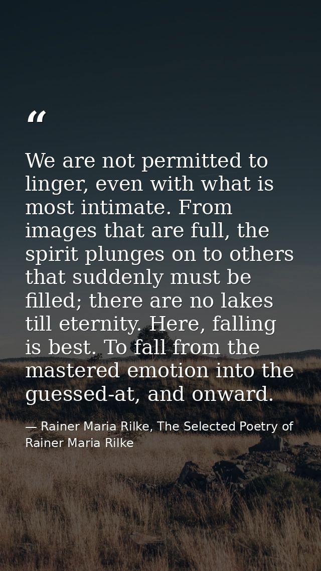 We are not permitted to linger, even with what is most intimate. From images that are full, the spirit plunges on to oth — Rainer Maria Rilke, The Selected Poetry of Rainer Maria Rilke