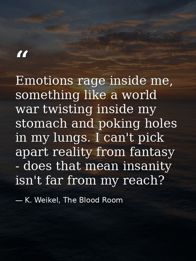 Emotions rage inside me, something like a world war twisting inside my stomach and poking holes in my lungs. I can't pic — K. Weikel, The Blood Room