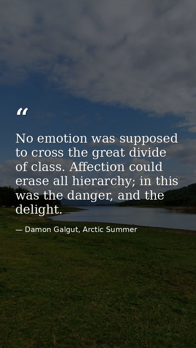 No emotion was supposed to cross the great divide of class. Affection could erase all hierarchy; in this was the danger, — Damon Galgut, Arctic Summer