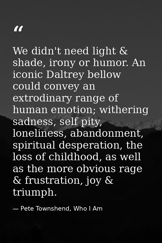 We didn't need light & shade, irony or humor. An iconic Daltrey bellow could convey an extrodinary range of human emotio — Pete Townshend, Who I Am