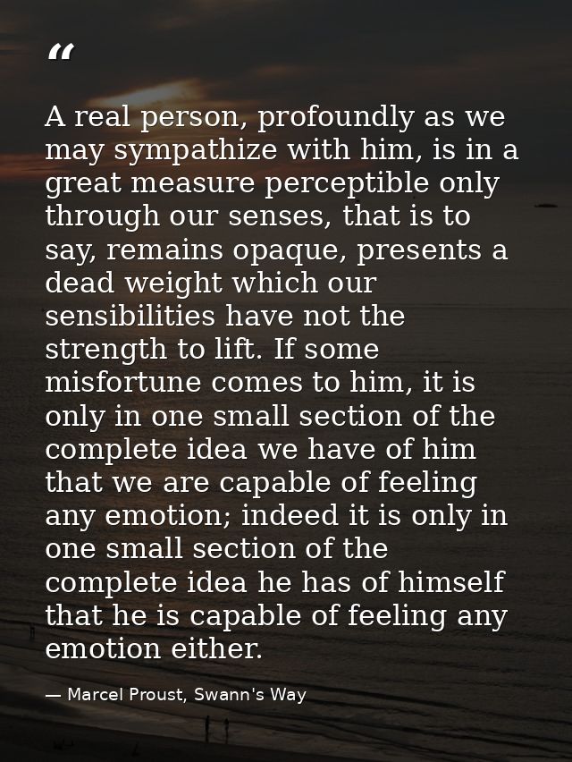 A real person, profoundly as we may sympathize with him, is in a great measure perceptible only through our senses, that — Marcel Proust, Swann's Way
