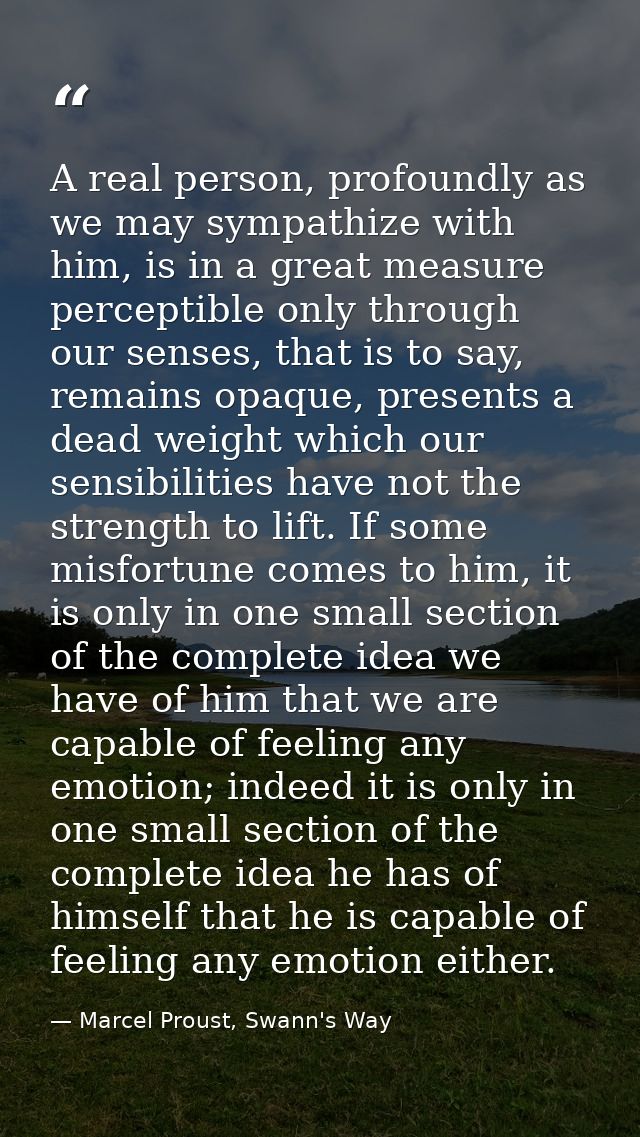 A real person, profoundly as we may sympathize with him, is in a great measure perceptible only through our senses, that — Marcel Proust, Swann's Way