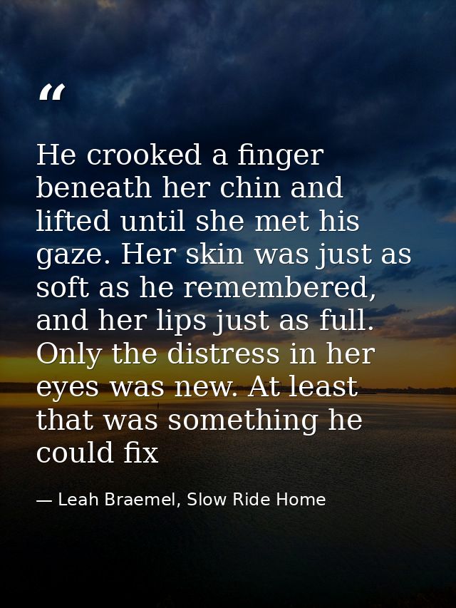 He crooked a finger beneath her chin and lifted until she met his gaze. Her skin was just as soft as he remembered, and  — Leah Braemel, Slow Ride Home