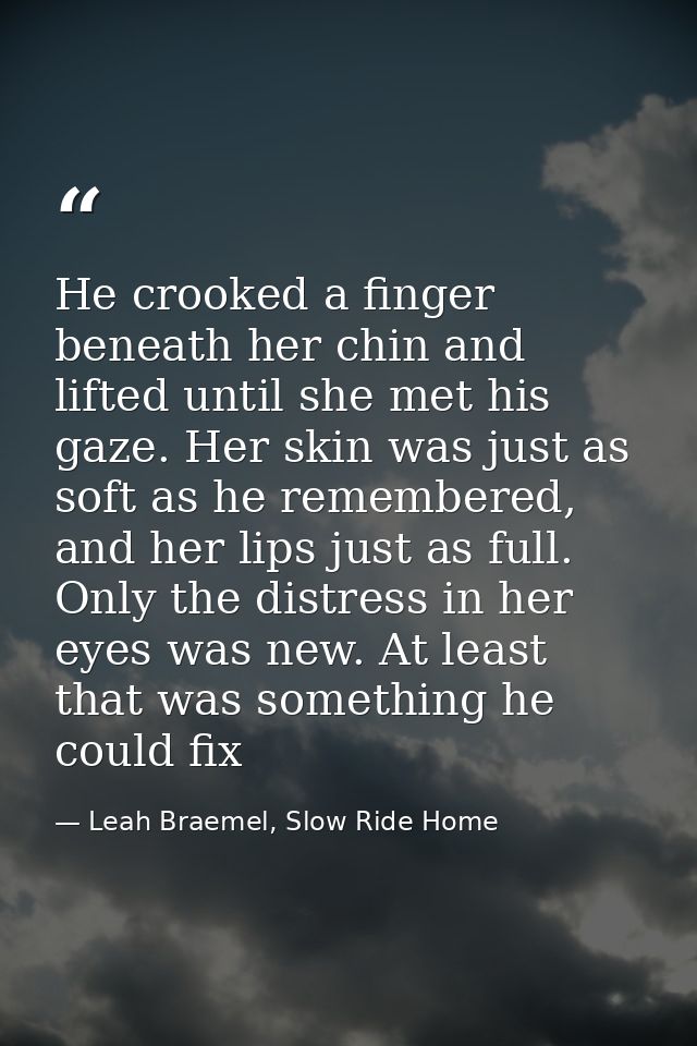 He crooked a finger beneath her chin and lifted until she met his gaze. Her skin was just as soft as he remembered, and  — Leah Braemel, Slow Ride Home