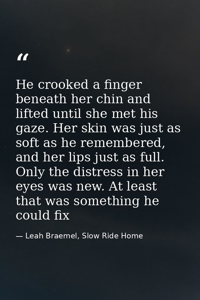 He crooked a finger beneath her chin and lifted until she met his gaze. Her skin was just as soft as he remembered, and  — Leah Braemel, Slow Ride Home