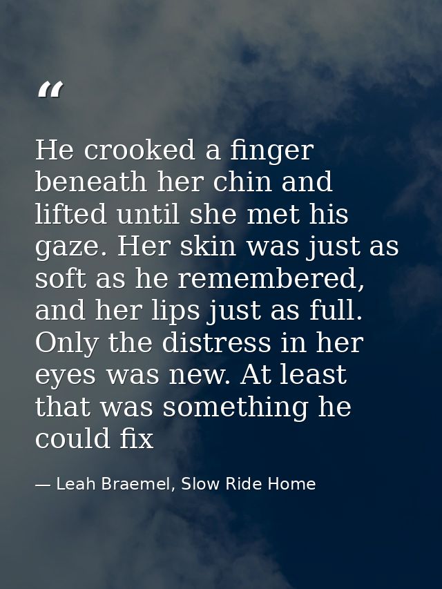 He crooked a finger beneath her chin and lifted until she met his gaze. Her skin was just as soft as he remembered, and  — Leah Braemel, Slow Ride Home
